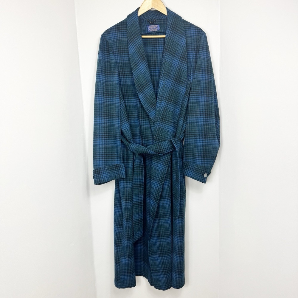 PENDLETON Vintage Robe Mens M Wool Blue Micro Check Plaid Belt 50s 60s USA Shawl
